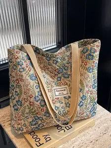 Printed Canvas Handbag Shoulder Bag, Lightweight Commuter Bag for Women, Floral Canvas Bag, Large Capacity, Multi-Functional Embroidered Flower Shoulder Bag, Tote Shoulder Bags