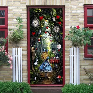 2pcs Alice in Wonderland Theme Decorative Wall Stickers with Cartoon Fairy Tale Forest Teacup Rabbit Clock Heart Poker Elements Self Adhesive Removable Eco Friendly PVC Wall Decals for Kids Room Bedro