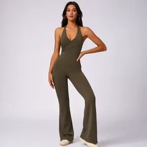MASKERT Women's Backless Halter Jumpsuit Tummy Control Buttery Soft Activewear Workout Daily Wear Training Outfits