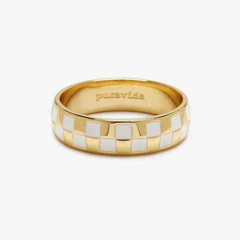 Pura Vida Checkerboard Ring, Enamel Checkered Band Ring, Gold or Silver Plated Brass