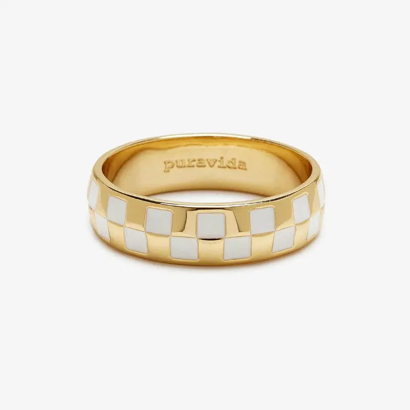 Pura Vida Checkerboard Ring, Enamel Checkered Band Ring, Gold or Silver Plated Brass
