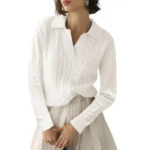 Womens Sweaters Fall Long Sleeve Lapel V Neck Sweater Cable Knit Pullover Casual Soft Jumper Top