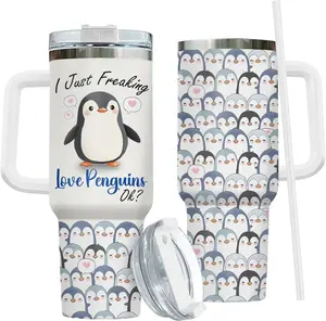 Cute Penguin Tumbler 40oz with Handle and Straw - Just a Girl Who Loves Penguins Insulated Travel Mug - Funny Penguin Lover Gift for Mother's Day - Birthday Present from Daughter Son & Husband