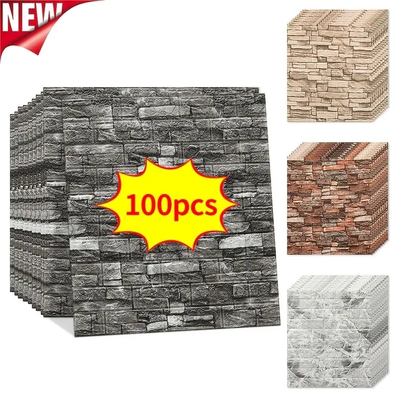 100pcs Self-Adhesive 3D Foam Decorative Wall Tiles, Accent Wall Peel and Stick Panels for Interior Walls, Waterproof Moisture-Resistant, Easy to Stick Clean Cut, Ideal for Living Room Kitchen Bedroom Dorm