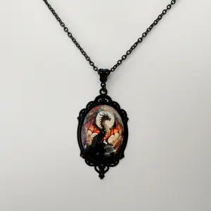 #153 Black Vintage Style Lace Frame Black, Red, Orange & Yellow Blue Dragon 20 inch Necklace-- Casual Mythical Jewelry