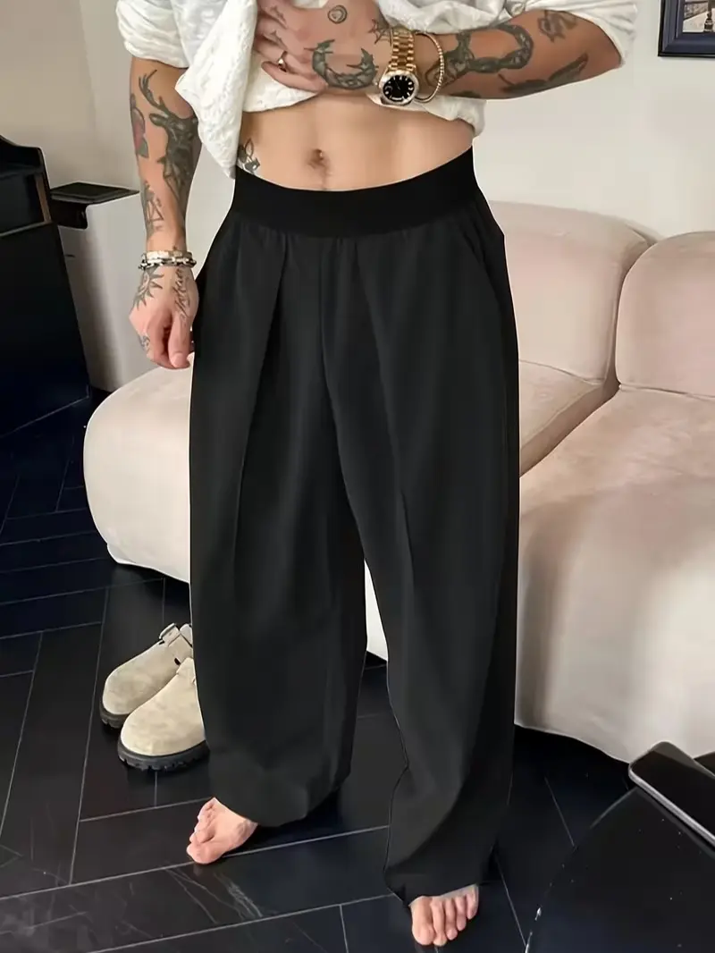 Wide Leg Dress Pants for Men Loose Fit Casual Trousers with Elastic Waist and Pockets, Draped Straight Leg Business Casual Slacks, Lightweight Breathable Polyester Relaxed Tailored Pants for Everyday Smart Casual Wear