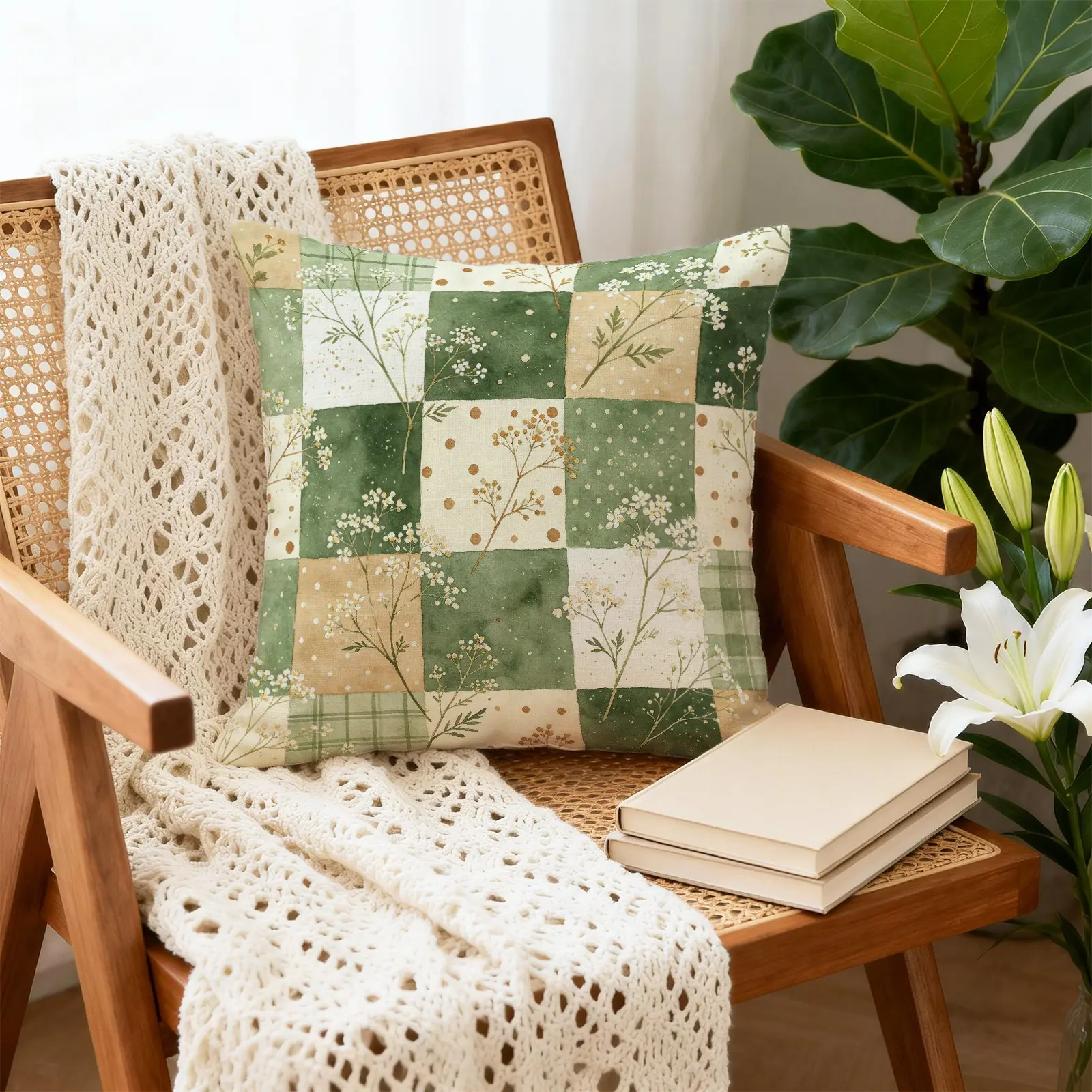 45x45cm 1Pcs Watercolor Plaid Floral Trendy Print Throw Pillow, Machine Washable Soft Skin-friendly Good Resilience, Suitable for Girly Living Room Sofa Decor (With Pillow Insert)