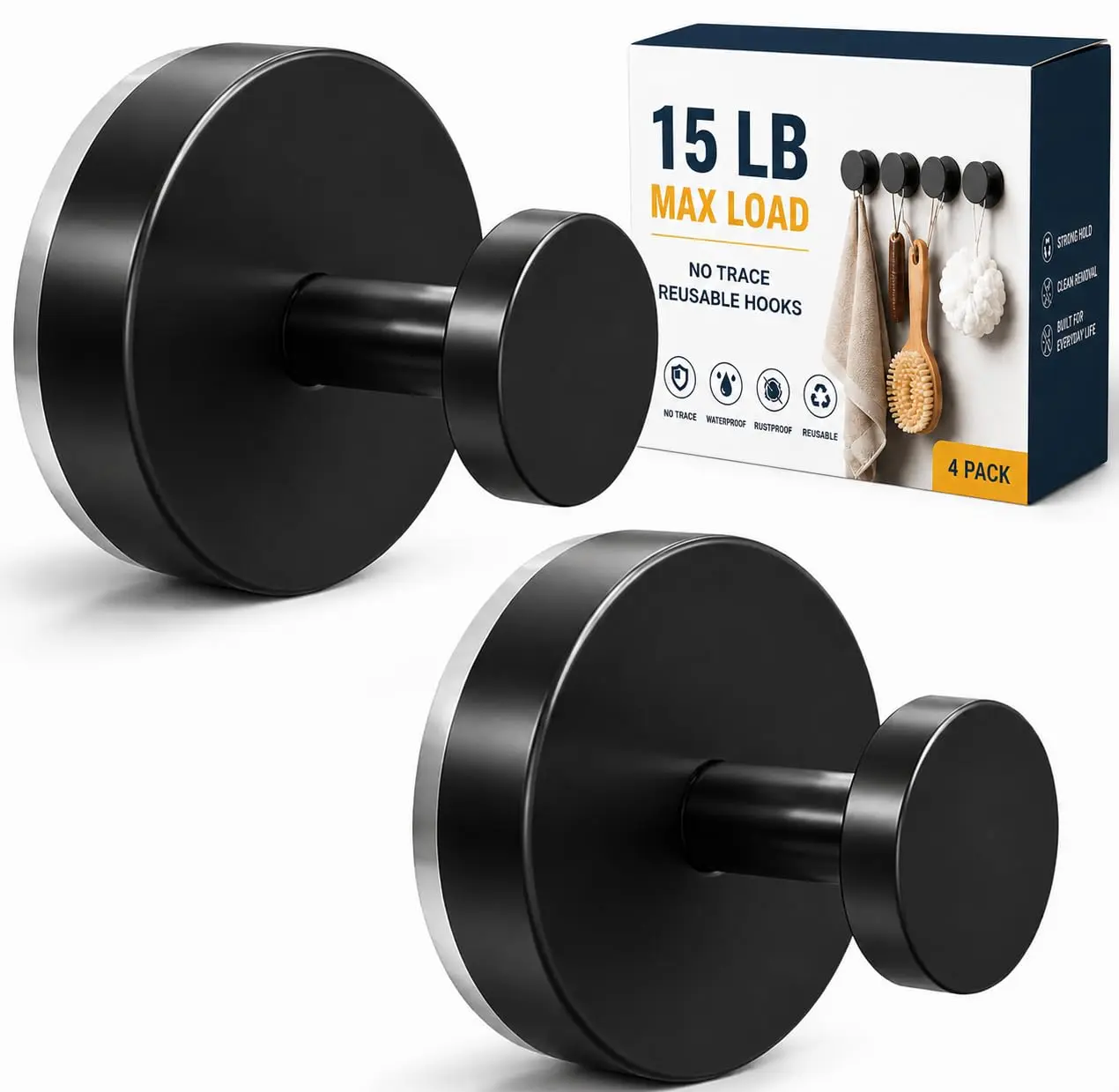 Lydia's Deal 2-Pack Strong Suction Cup Hooks - Home Organizer Bathroom Essentials, Waterproof, 15 lbs Capacity, for Shower, Kitchen - Hangs Loofah, Towel, Coat