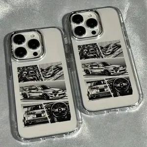 A Black and White Sports Car Phone Case for the iPhone 17 PRO MAX and iPhone 16 15 14 13 12 11 PRO MAX PLUS and iPhone 16E 17 AIR Series Mobile Phone Case. It features shock absorption, anti-slip properties, and a lightweight design.