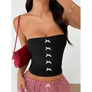Women Bowknot Front Bandeau Top,Casual Fitted Style,Suitable For Summer,Vacation,Beach And Music Festival Fabric Lace