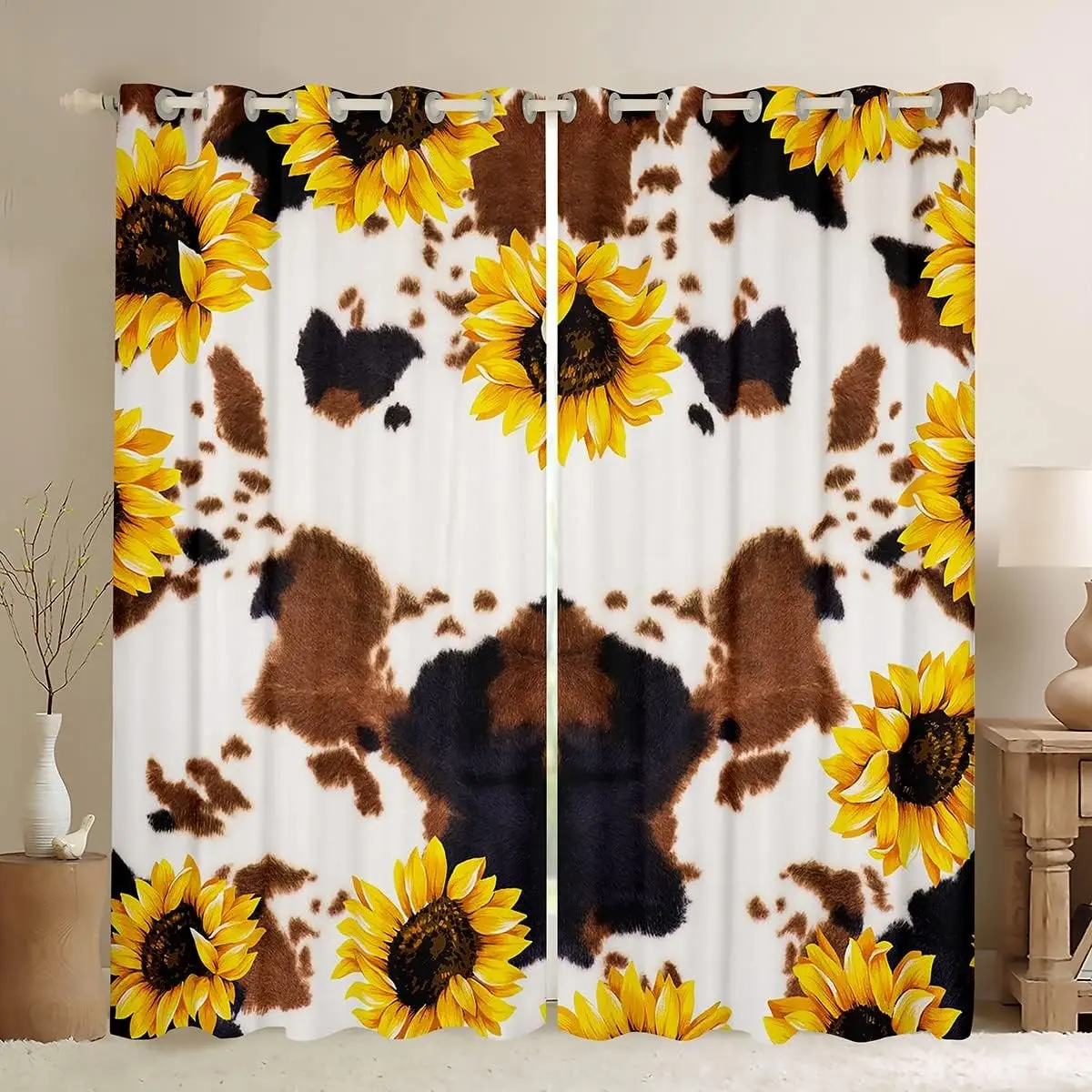 Feelyou 2-Panel Velvet Privacy Grommet Curtains - Bright Color, Yellow, Animal Decorative Curtains with White-Brown-Black Cowhide, Yellow Sunflower, Highland Cow Fur Designs, Western Themed Home Textile, Sunlight Block Window Treatments, Yellow Curtains