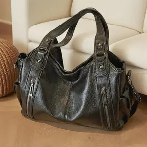 Women's Soft Leather Tote Hobo Bag - Double Zipper, Slouchy Shape, Large Capacity, Adjustable Shoulder Strap, Leather Crossbody Bag - For Daily, Casual Sports & Outdoor Use, Leather Crossbody Bags