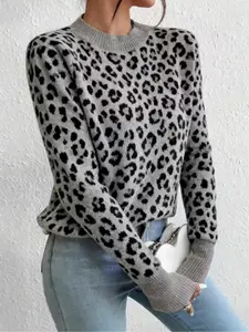 Women's Elegant Leopard Print Knit Sweater, Fall Winter Comfortable Long Sleeve Top, Perfect for Jeans and Holidays