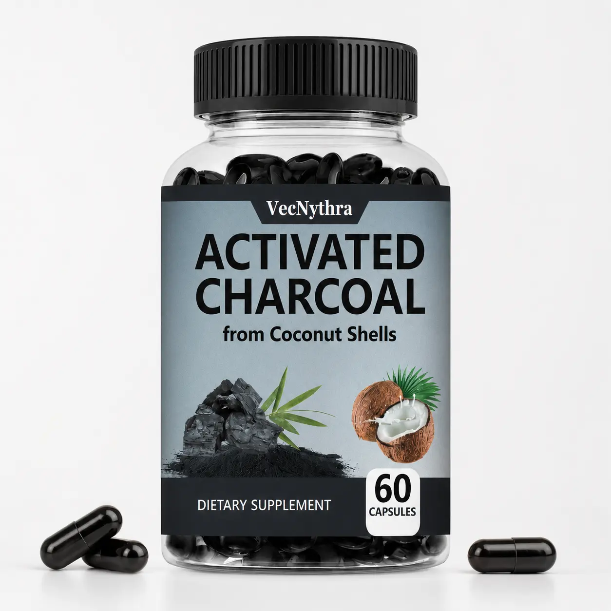 VecNythra Dietary Activated Charcoal Gelatin Capsules - 200mg Coconut Shell Derived - Digestive Health Support - 60 Count - 30 Servings