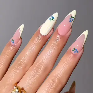 24 Pcs Long Almond Press-On Nails, Milk French Tip with Blueberry Print, Glossy False Nails, Reusable, Includes Jelly Glue & Nail File