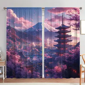 Japanese Style Print Door Curtain, 1 Set Mountain & Pagoda Pattern Door Curtain, Home Decor for Living Room Bedroom Hotel Salon