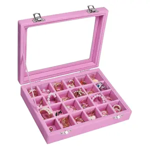 Velvet Jewelry Box 24 Grid Organizer – Ring & Earring Storage Display Case for Women, Girls & Moms (Pink)