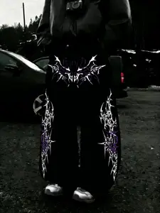 Men's Thorn Symmetry Loose Wide Leg Pants, Death Metal Print, Soft Cotton Blend, Y2K Grunge Style, Casual Streetwear, Drawstring Waist