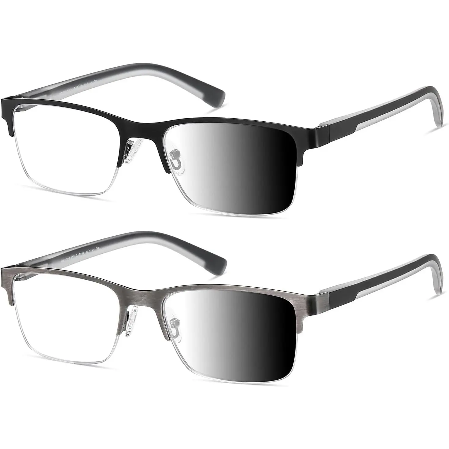 Men's Photochromic Eyeglasses - UV400 UV Sun Shield, Bluelight Blocking, Wide Metal Half-Frame Multi-Pack Reading Eyewear