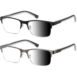 Photochromic Lens Blue Light Glasses Reading Glasses Men Readers Wide Metal Half Frame Style Sun Tinted Eyewear