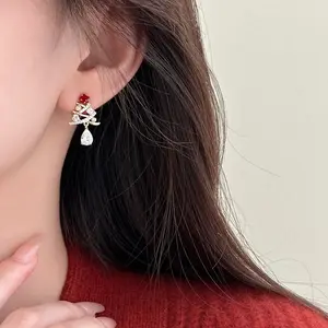 Christmas Tree Earrings for Women – 14K Gold Plated Red Star Drop Dangle Earrings with Cubic Zirconia, Festive Holiday Jewelry Gift for Christmas Party