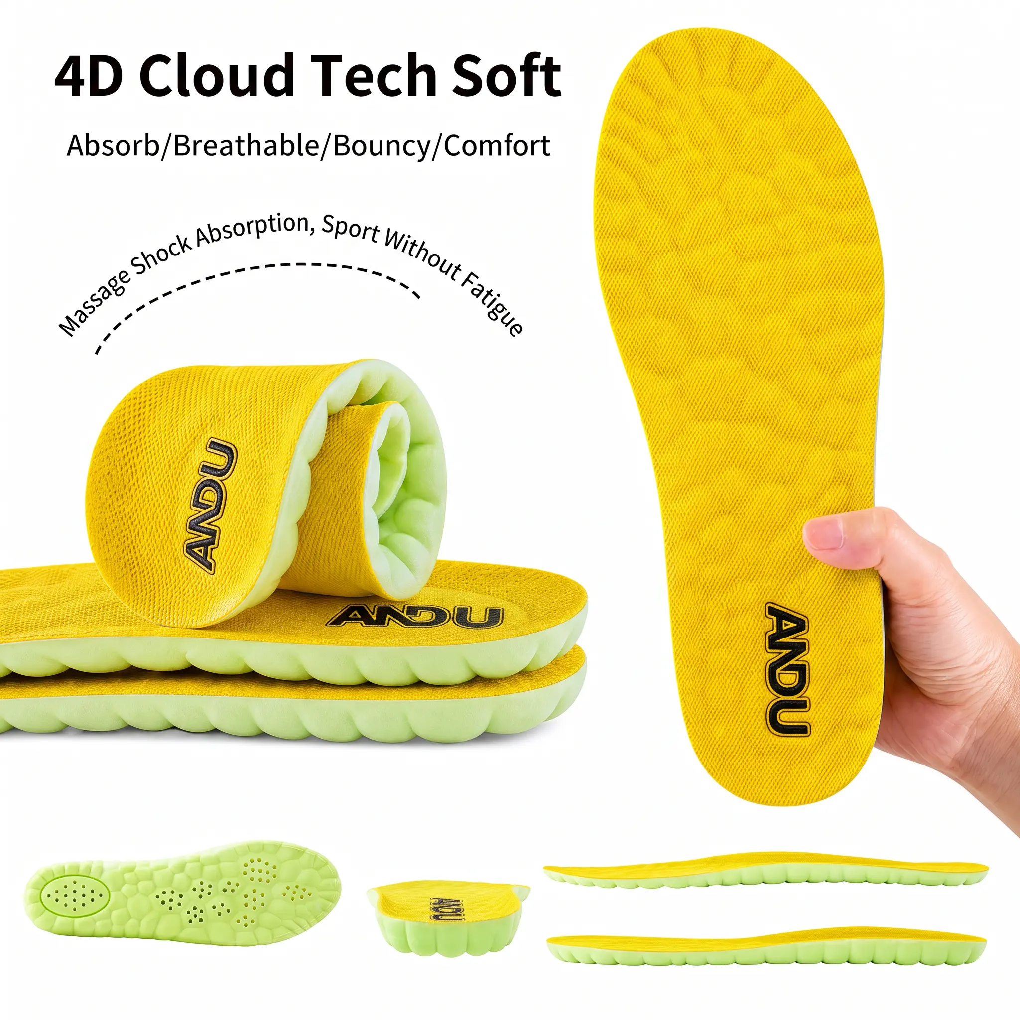 ANDU "12-Hour Shift Saver" Foot Care Insoles & Heel Liners - Unisex Fit, Trim-to-Fit, High Rebound PU Foam Cushion, Shockproof Deep U-Heel Cloud Sole Inserts for Footwear, Shoe Workwear Work Boots Standing All Day
