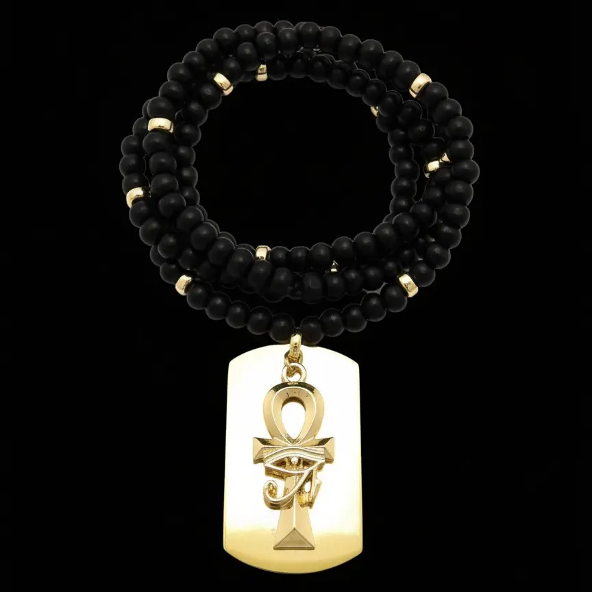 MaxBling81 Hip Hop Style Iced Egyptian Ankh Cross Dog Tag, 14K Gold Plated Pendant, 6mm 30" Wooden Bead Necklace, Celebrity-Inspired Costume Jewelry Accessory