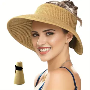 Ladies straw hat visor, roll-up wide ponytail summer beach hat, ladies straw hat UV protection.