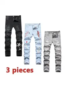 3 Pieces jeans for men Black & Blue & Grey Denim Pants Casual Straight Fashion Breathable Trouser Fathersdaygift Ripped Stylish birthday outfits