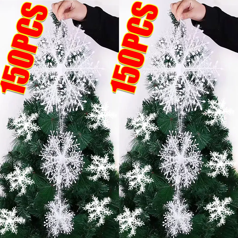30pcs Plastic Glitter Christmas Snowflake Ornaments - Christmas Tree Hanging Decorations, DIY Home Decorating Accents, Party Window Photo Decor, Gift Option (Available in 30/60/90/150 Package)