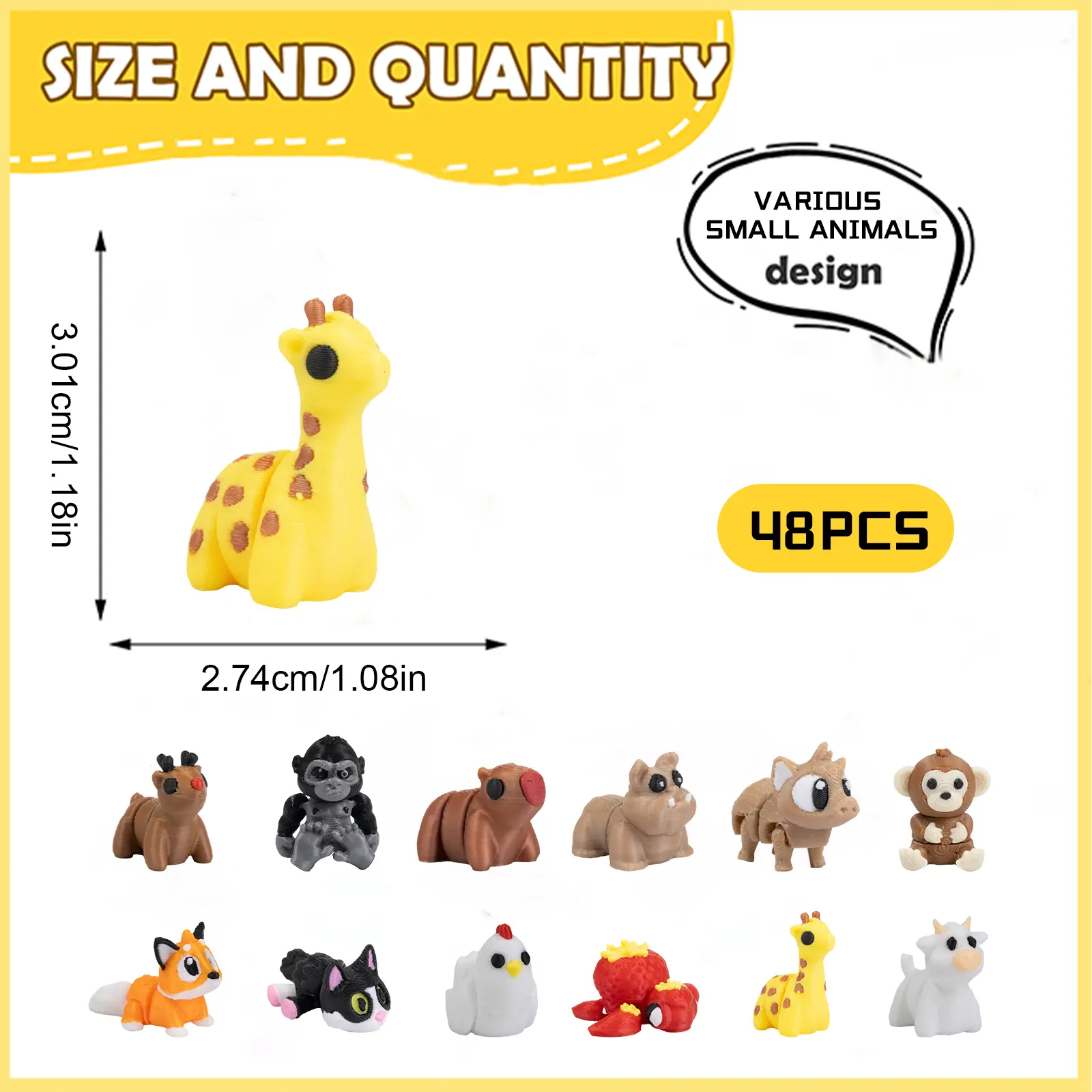 48-piece Mini Random 3D Printed Animal Figurine Set, Flexible and 