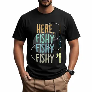 100% Cotton Here Fishy Fisherman Fishing Rod Fish Fishing Saying Angler T-Shirt
