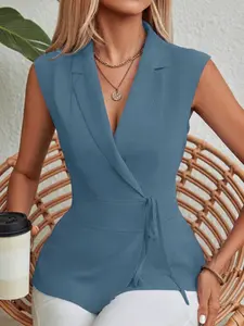 Women's Solid Color Basic Casual Sleeveless V-Neck Tie Back Vest, Daily Wear Professional Style, Fitted Short Tank Top for Spring & Fall, Womenswear