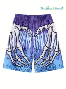 Men's Skull Hand Paisley Gradient Print Shorts, Street Style Casual Beach Pants, Drawstring Waist, Slim-Fitting, All over Print
