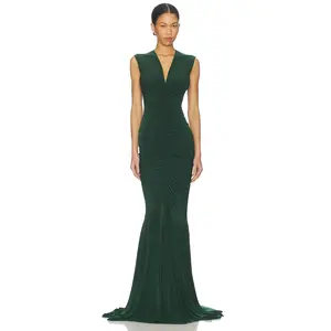 Norma Kamali x REVOLVE Sleeveless Deep V Neck Shirred Front Fishtail Gown in Emerald