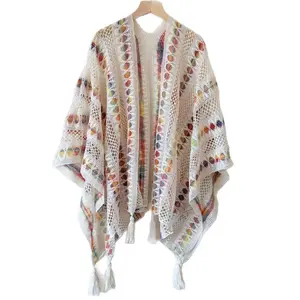 Anygoal Women’s  Rainbow Striped Crochet Lace Tassel Shawl, Open Front Boho Cape Cardigan, Lightweight Sheer Openwork Knit Wrap, Multifunctional Cover Up for Beach Vacation, Poolside, Casual Daily Wear and Summer Outings summervibes Knitting Womenswear