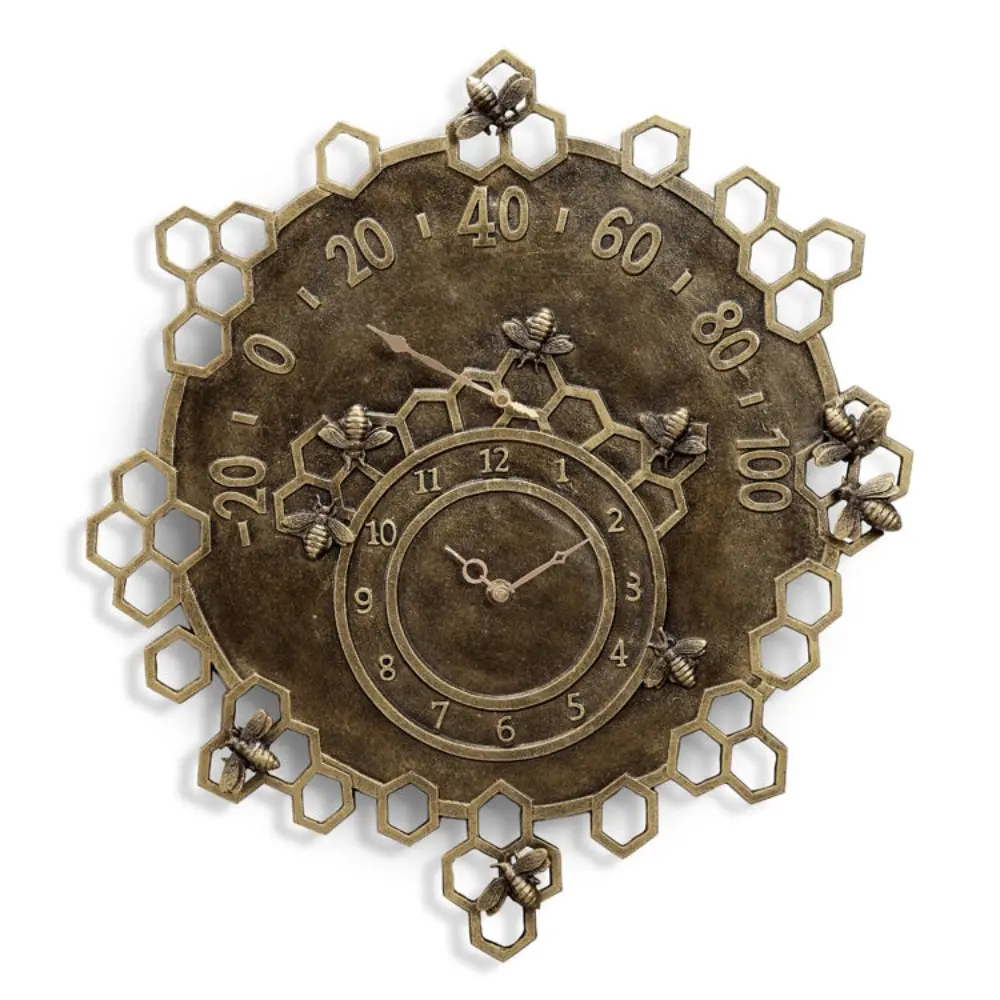 SPI Home Busy Bees Garden Clock and Thermometer – Decorative Metal Wall Art with Dual Function for Outdoor Use