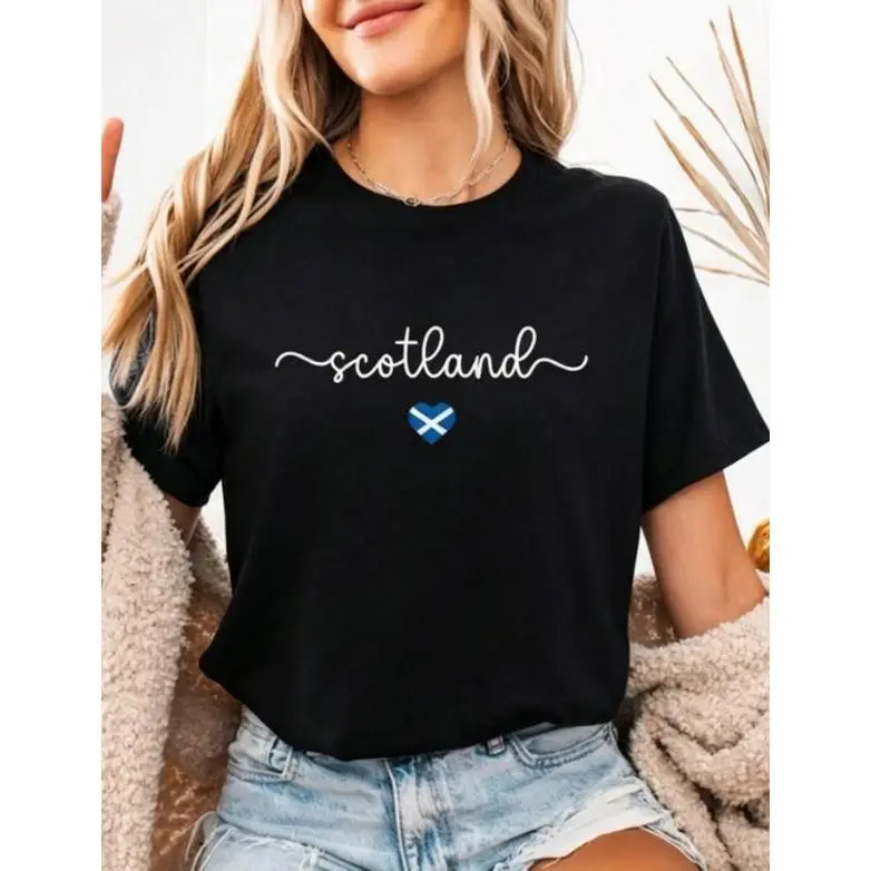 Premium Printed Craft Scotland Cursive Script with Scottish Saltire Flag Heart Graphic T-Shirt, 100% Soft Cotton Oversized Comfort Unisex Tee, Breathable Casual Daily Outfit, Summervibes Relaxed Fit Top, Ideal for Scottish Pride Fans