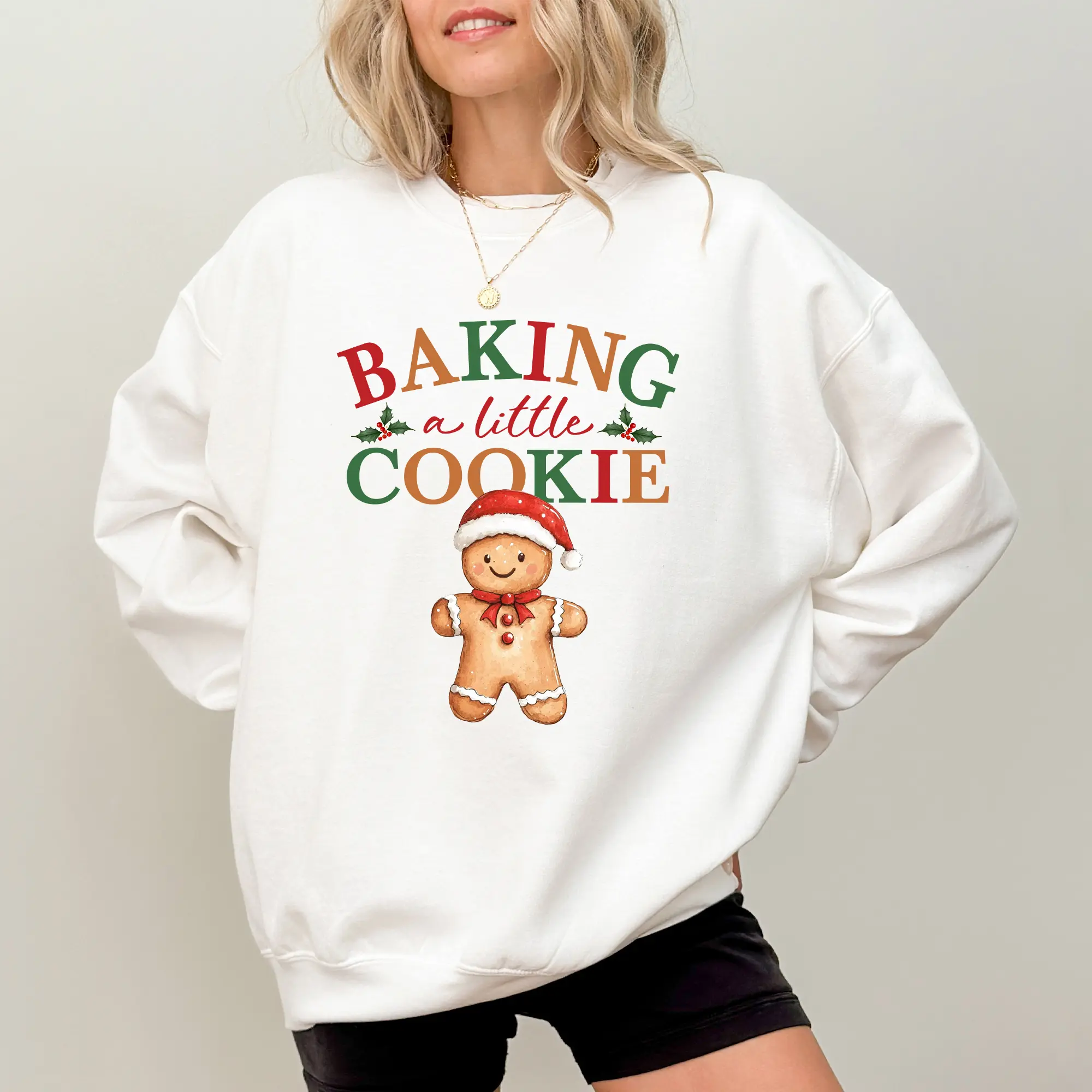 Women's Fitted Maternity Christmas Hoodie - Soft Cotton Round Neck Longsleeve Sweatshirt, Ribbed Athletic Crewneck, "Growing A Little Cookie" Print, Comfortable Casual Pullover, Polyester Yarn Blend Fabric, New Mom Gift