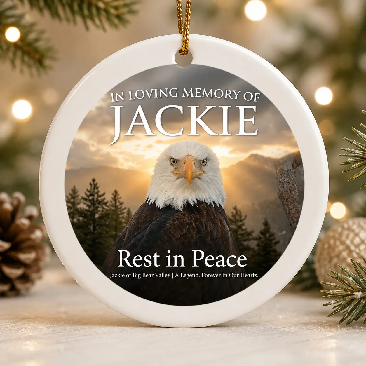 In Loving Memory of Jackie Bald Eagle Ornament, Big Bear Valley Memorial Christmas Keepsake