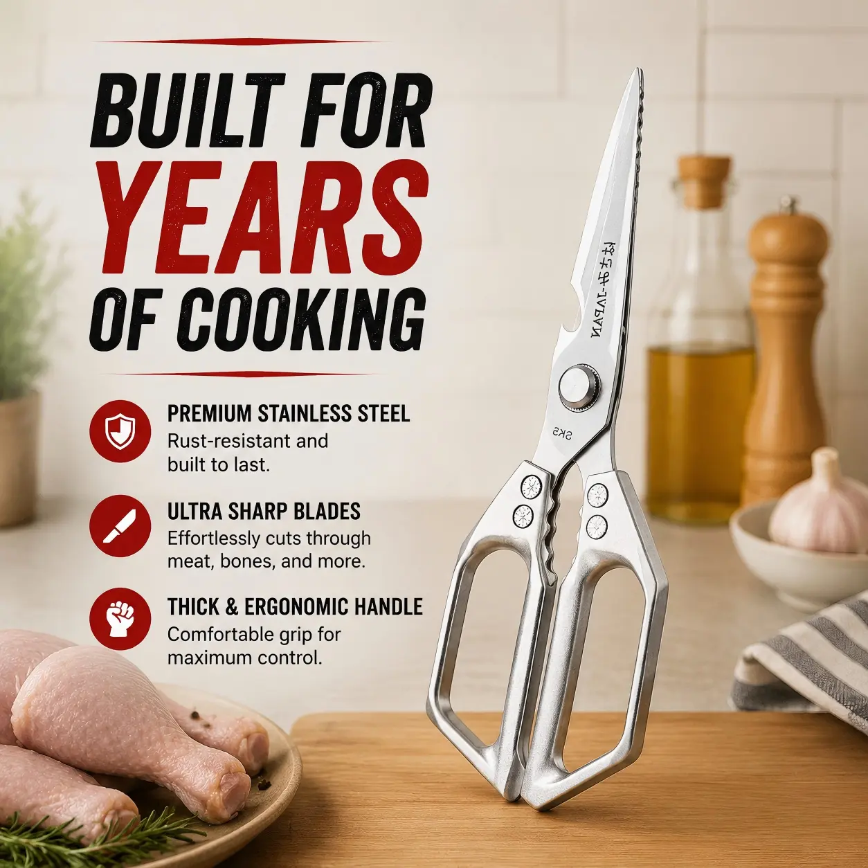 Heavy Duty Kitchen Shears, Stainless Steel Poultry Scissors for Chicken Bone Cutting, Meat, Turkey & Fish, Sharp Multipurpose Cooking Scissors with Non-Slip Handle, Perfect Kitchen Tool for Holiday Parties, BBQ & Family Cooking