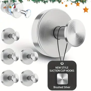 Six 304 stainless steel metal hooks, Suction cup hooks, detachable drill-free, suitable for bathrooms and kitchens, hang towels garlands coats, installed on smooth non-porous surfaces