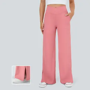 Halara Crossover Pocket Split Hem Wide Leg Yoga Pants-Smile
