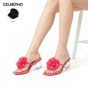 CELNEPHO Floral Sandals for Women Square Toe Transparent Rounded Heel Mules Clear Straps Easy Slip on Elegant Sandals High Heeled Sandal Gift Work Everyday Wear Wedding Dress Shoes