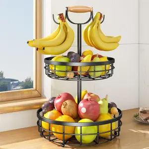 2-Tier Fruit Basket Bowl Vegetable Storage with Dual Banana Tree Hanger and Wooden carry Handle, Kitchen Countertop Metal Wire Basket for Bread Onions Potatoes Organiser Hangable