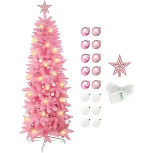 6ft Artificial Slim Thin Christmas Tree with Warm LED Lights String 8 Lighting Modes and Christmas Ball Onaments