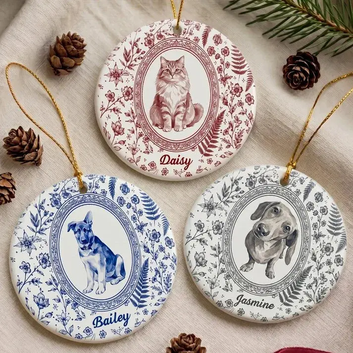 Custom Pet Portrait Floral Ceramic Christmas Ornament Personalized Dog and Cat Keepsake