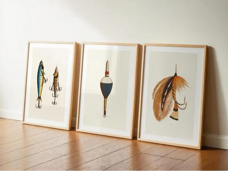 Retro Fishing Gear Prints Old Time Fishing Art Poster Set of 3 Fisherman Wall Prints Vintage Angling Artwork Fishing Gift for Dad - No Frame