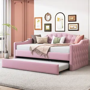 Twin Size Tufted Upholstered Daybed with Trundle, Velvet Sofa Bed with USB and Type-C Charging Ports, No Box Spring Needed, Pink/Beige