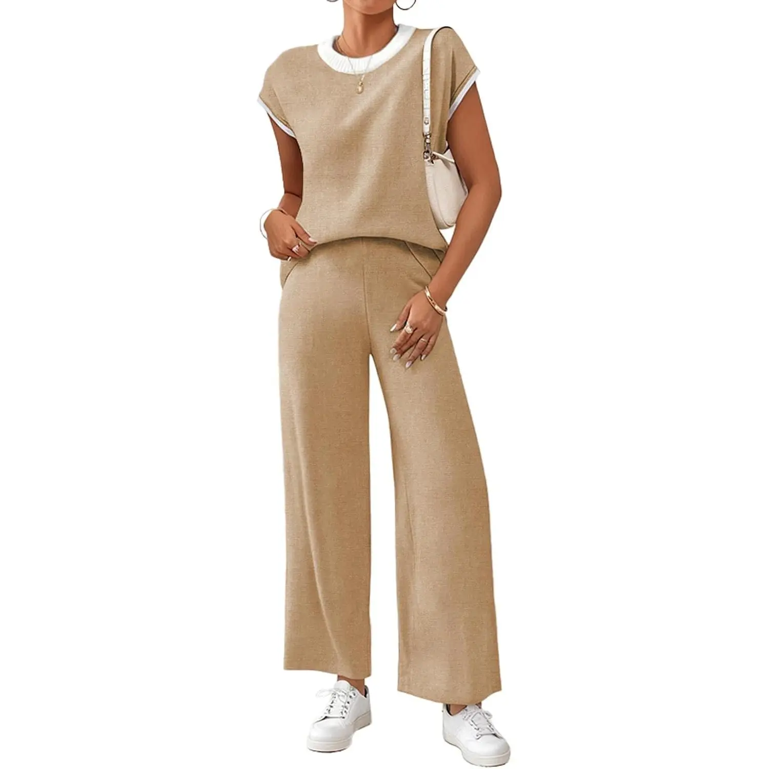 Women's 2-Piece Casual Knit Fabric Lounge Set - Cap Sleeve Sweater Top, Basic Minimalist Linen Trouser for Lady Summer Outfits, Linen Pants
